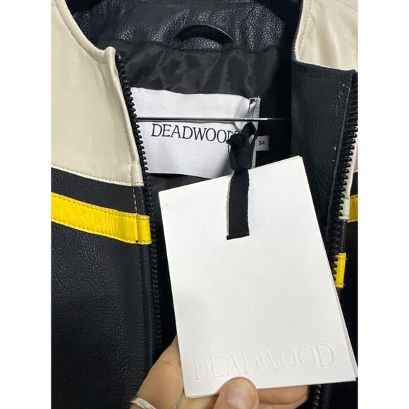 Deadwood Revolve Women Racer Leather Jacket Moto Biker Bright Black White Yellow - Picture 5 of 8